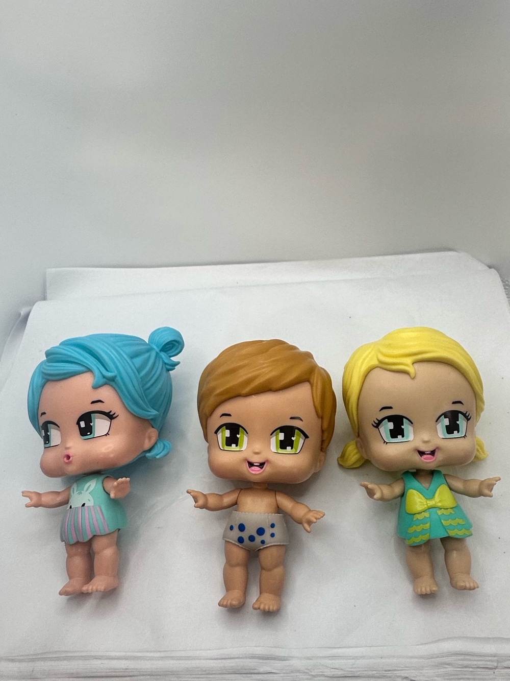 Set of 3 Dolls Colorful Boxy Babies - Blue, Brown, Yellow